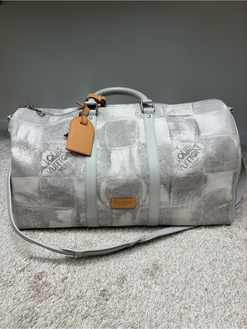 Louis Vuitton Grey Checkered Duffel with Tan Tag